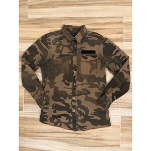Bershka Mens Camo Utility Shirt World Rider Brown Green Snap Front Small